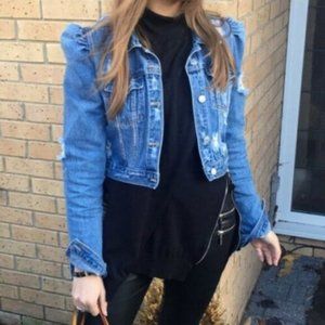 Zara Puffed Shoulder Denim Jean Jacket